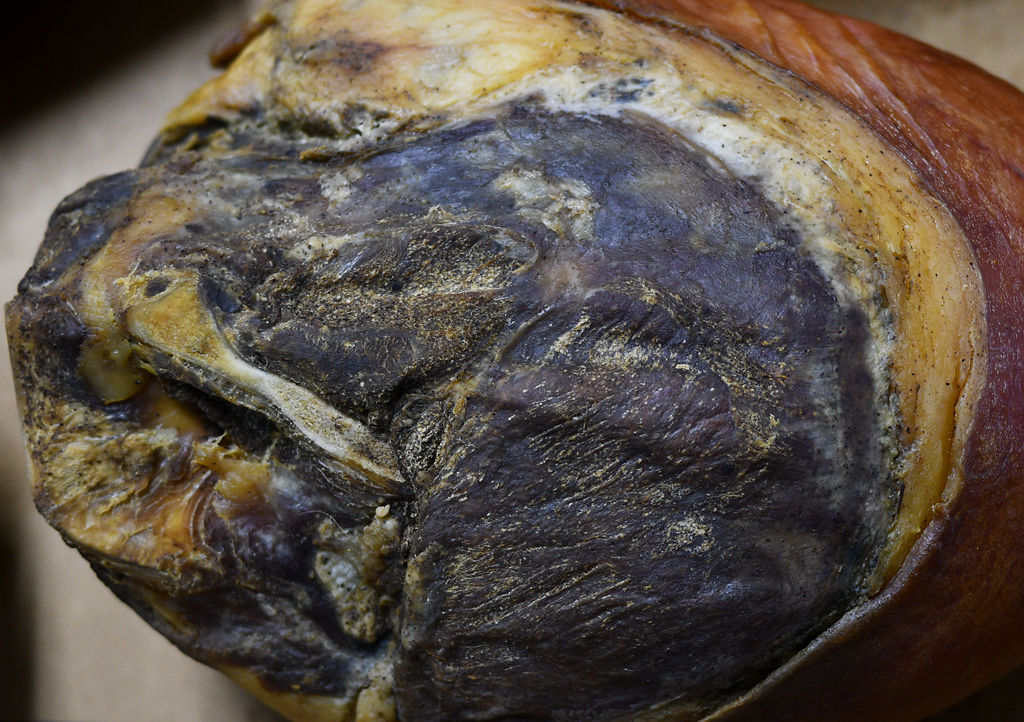 A ham waits on a table during judging at the 2019 Boone County Fair Ham Show
